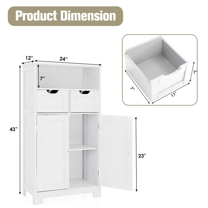 Bathroom Wooden Side Cabinet with 2 Drawers & 2 Doors – Adjustable Storage Organizer