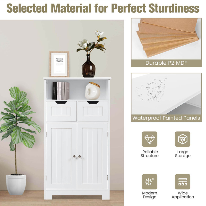Bathroom Wooden Side Cabinet with 2 Drawers & 2 Doors – Adjustable Storage Organizer