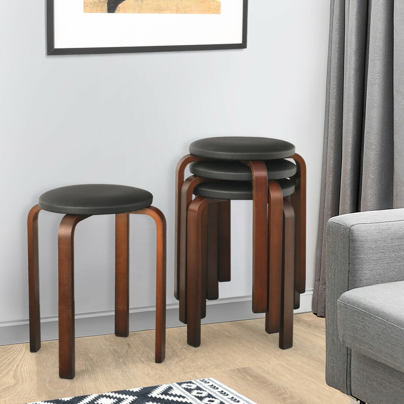 4Pack Bentwood Stack Stools With PU Leather Round Top SpaceSaving Stackable Dining Chairs 1