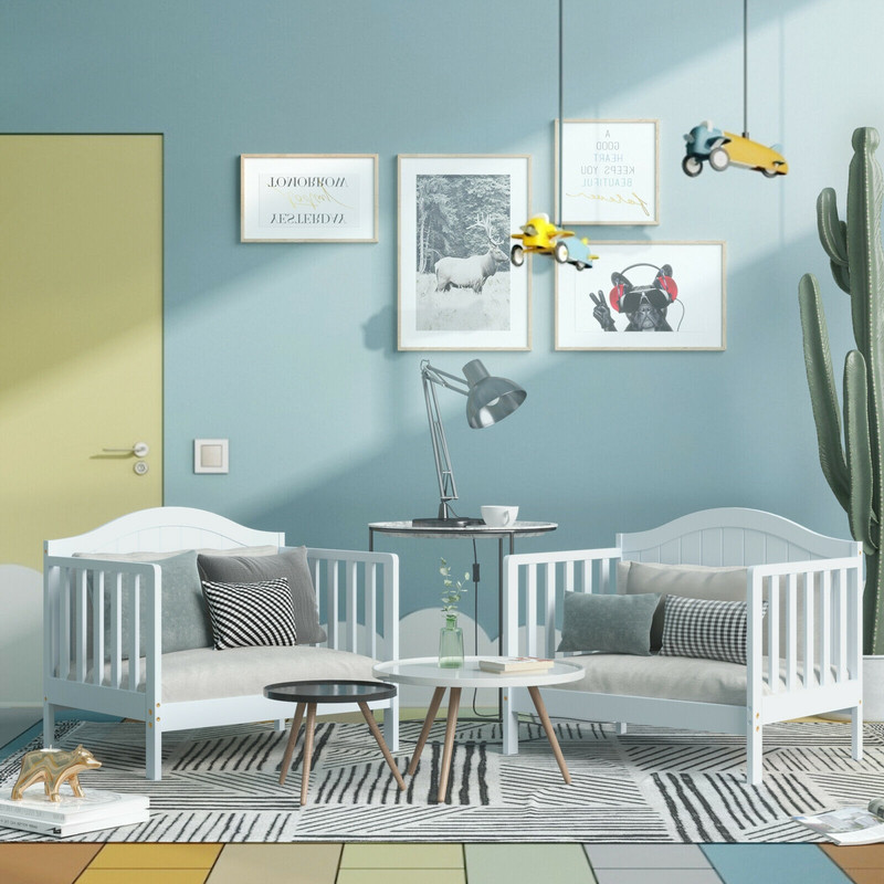 2in1 Classic Convertible Toddler Bed Wooden Kids Bed With 2 Side Guardrails For Extra Safety 1