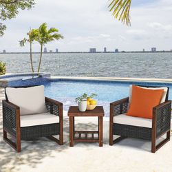 3-piece acacia wood patio furniture set with coffee table & rattan chairs, outdoor conversation bistro set
