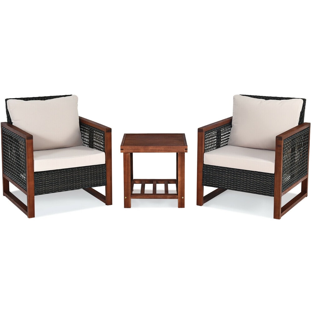 3Piece Acacia Wood Patio Furniture Set With Coffee Table Rattan Chairs Outdoor Conversation Bistro 5