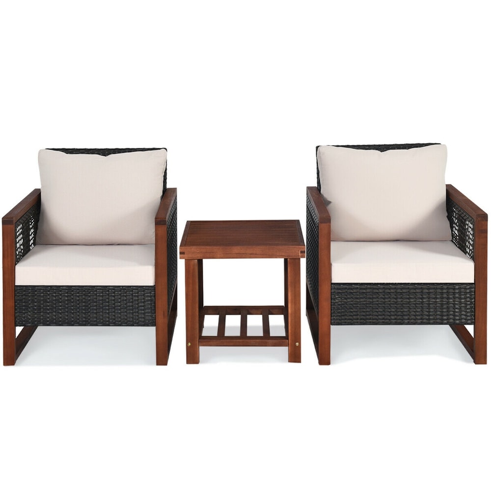 3Piece Acacia Wood Patio Furniture Set With Coffee Table Rattan Chairs Outdoor Conversation Bistro 6