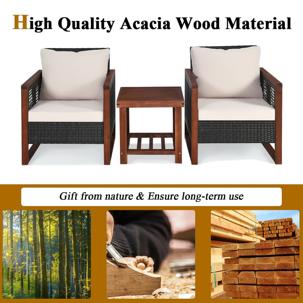 3Piece Acacia Wood Patio Furniture Set With Coffee Table Rattan Chairs Outdoor Conversation Bistro 3