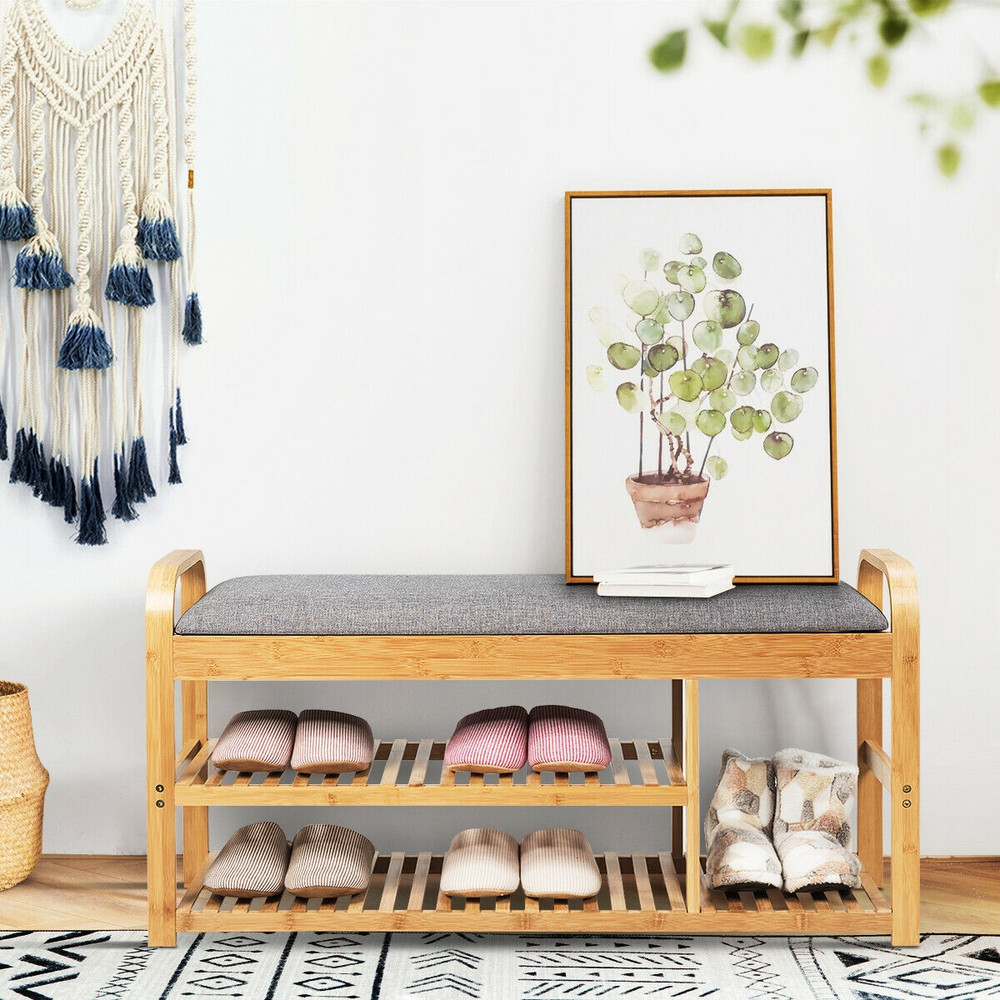 Entryway 3Tier Bamboo Shoe Rack Bench With Cushion Sturdy Storage Seating For A Tidy Home 0