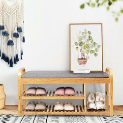 entryway 3-tier bamboo shoe rack bench with cushion, sturdy storage & seating for a tidy home
