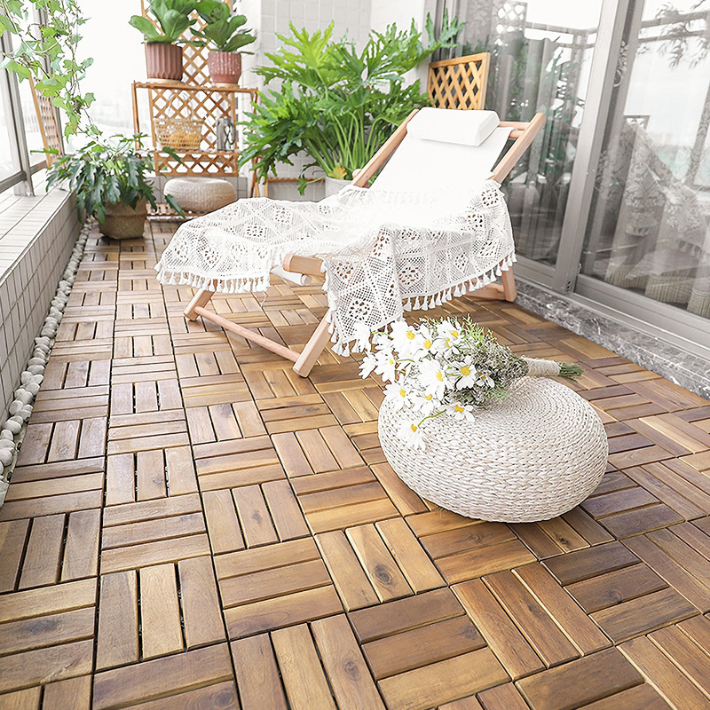 10 Pieces Acacia Wood Interlocking Tile Flooring, Outdoor Patio Deck Tiles for Balcony, Garden, Bathroom & PoolSide