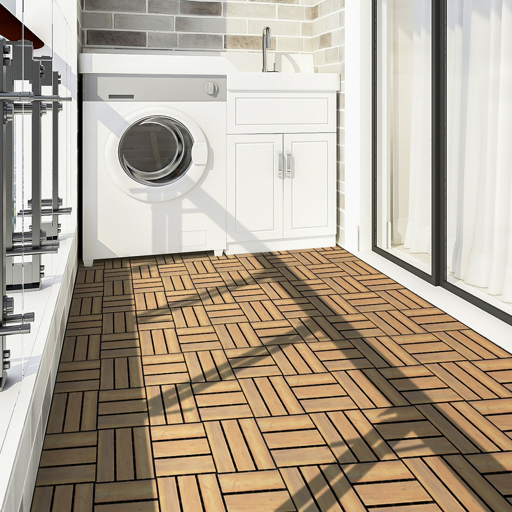 10 Pieces Acacia Wood Interlocking Tile Flooring, Outdoor Patio Deck Tiles for Balcony, Garden, Bathroom & PoolSide