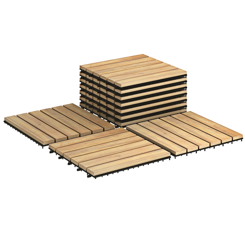 10 Pieces Acacia Wood Interlocking Tile Flooring, Outdoor Patio Deck Tiles for Balcony, Garden, Bathroom & PoolSide