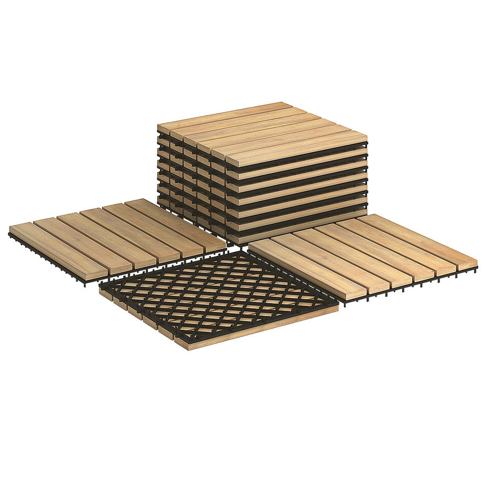 10 Pieces Acacia Wood Interlocking Tile Flooring, Outdoor Patio Deck Tiles for Balcony, Garden, Bathroom & PoolSide