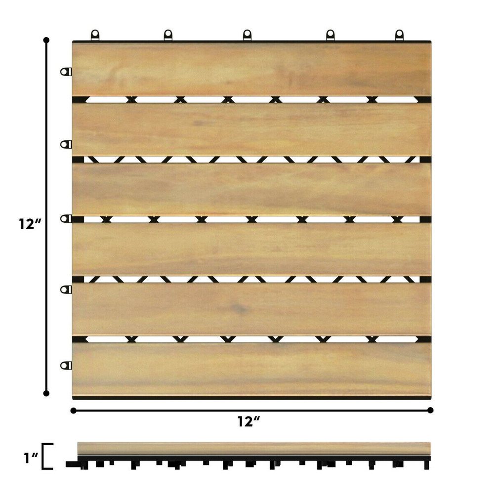 10 Pieces Acacia Wood Interlocking Tile Flooring, Outdoor Patio Deck Tiles for Balcony, Garden, Bathroom & PoolSide