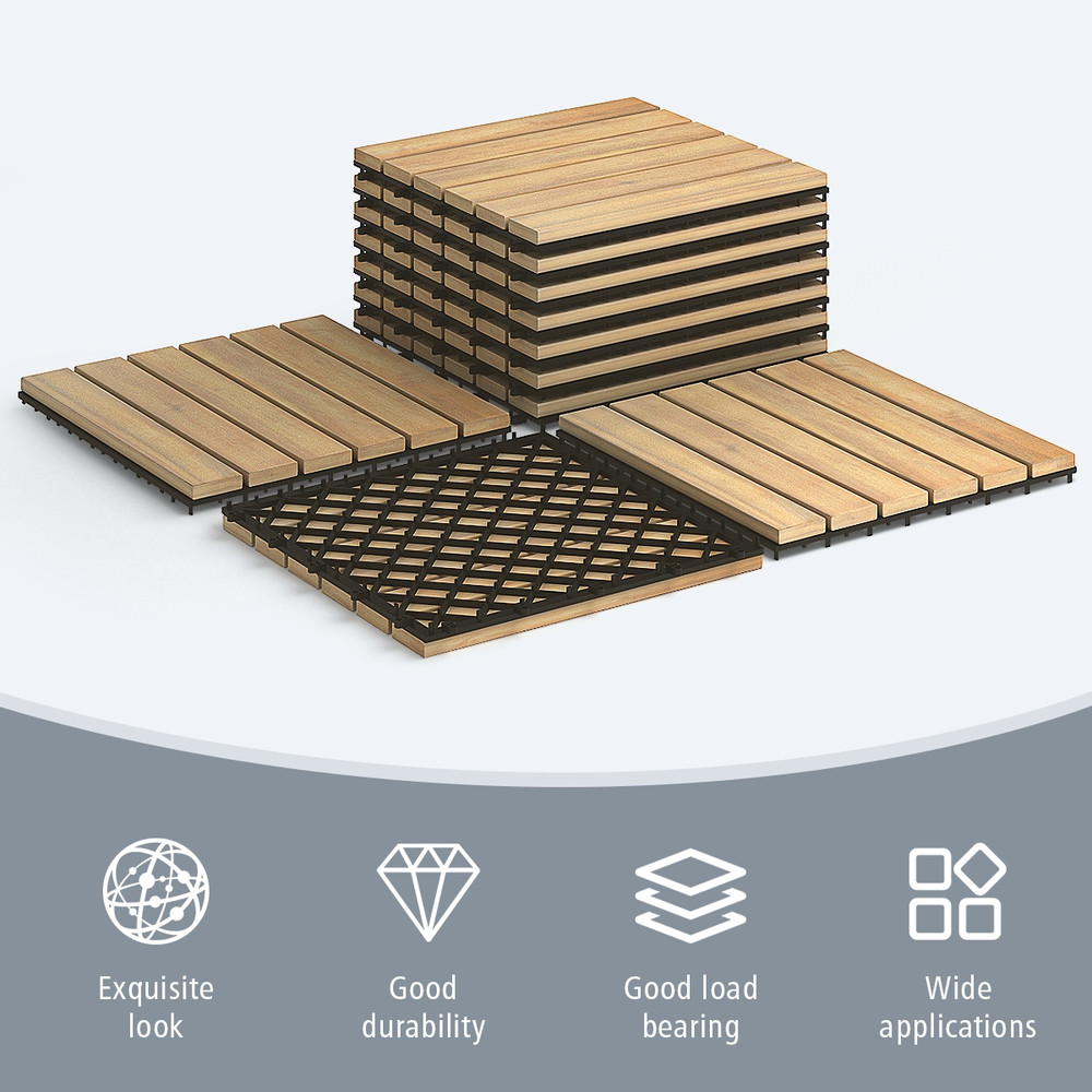 10 Pieces Acacia Wood Interlocking Tile Flooring, Outdoor Patio Deck Tiles for Balcony, Garden, Bathroom & PoolSide