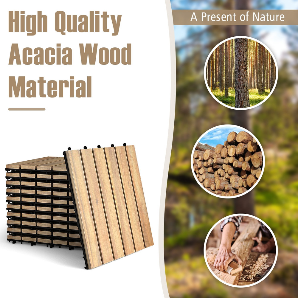 10 Pieces Acacia Wood Interlocking Tile Flooring, Outdoor Patio Deck Tiles for Balcony, Garden, Bathroom & PoolSide