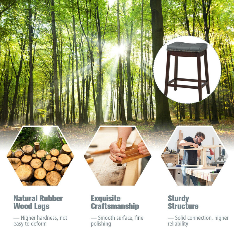 Set of 2 24-Inch Height Backless Counter Stool with Footrest, Padded Saddle Seat & Solid Wood Legs for Kitchen or Bar