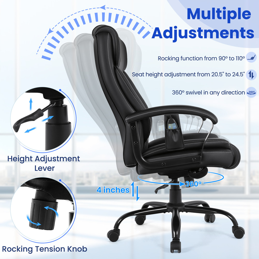 Big and Tall Massage Executive Office Chair with 6 Vibrating Points, 500 lbs Capacity, Reclining High-Back PU Leather