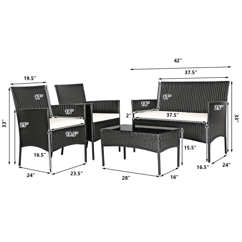 4 Pieces Patio Rattan Cushioned Sofa Set with Tempered Glass Coffee Table, Outdoor PE Wicker Furniture for Garden