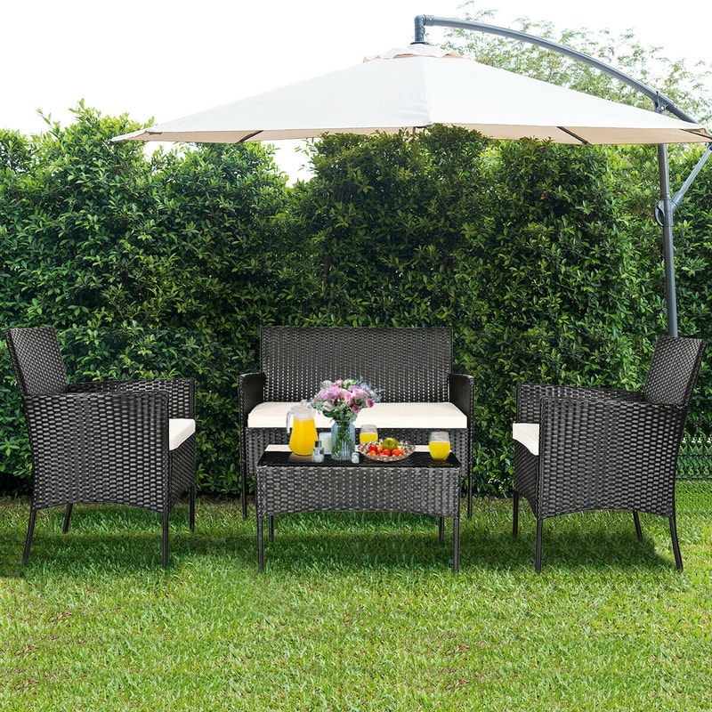 4 Pieces Patio Rattan Cushioned Sofa Set with Tempered Glass Coffee Table, Outdoor PE Wicker Furniture for Garden