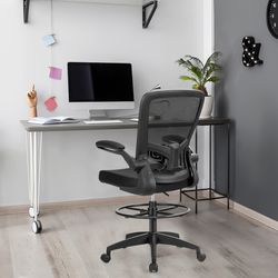 ergonomic height adjustable drafting chair with flip arms & foot ring, mesh office chair for home & studio workstation