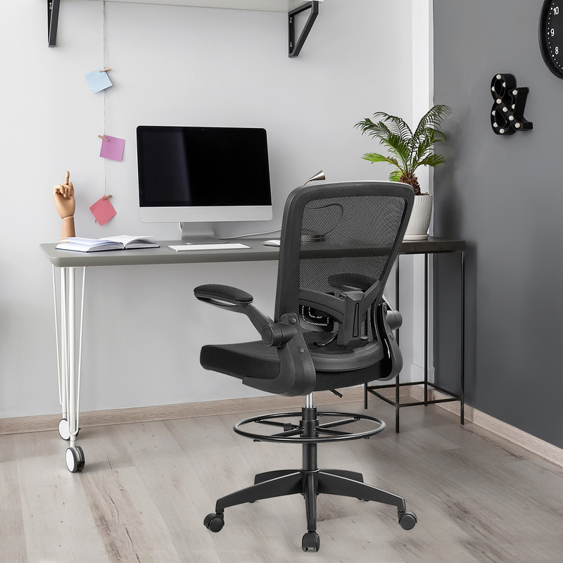 Ergonomic Height Adjustable Drafting Chair with Flip Arms & Foot Ring, Mesh Office Chair for Home & Studio Workstation
