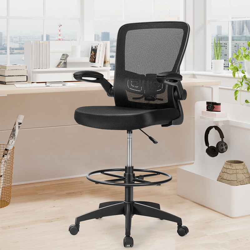 Ergonomic Height Adjustable Drafting Chair with Flip Arms & Foot Ring, Mesh Office Chair for Home & Studio Workstation