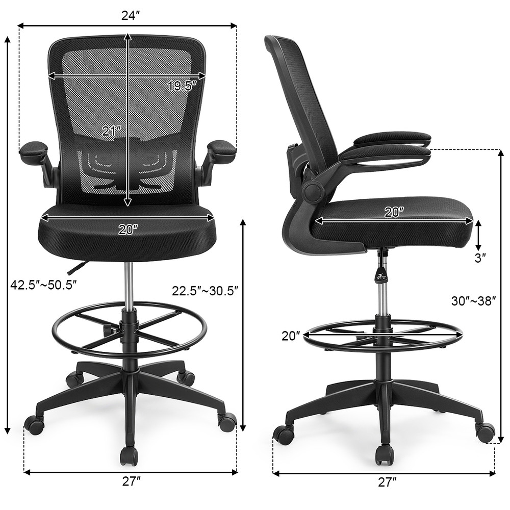 Ergonomic Height Adjustable Drafting Chair with Flip Arms & Foot Ring, Mesh Office Chair for Home & Studio Workstation