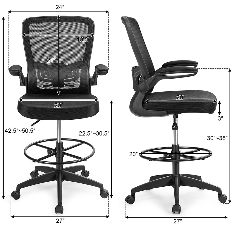 Ergonomic Height Adjustable Drafting Chair with Flip Arms & Foot Ring, Mesh Office Chair for Home & Studio Workstation