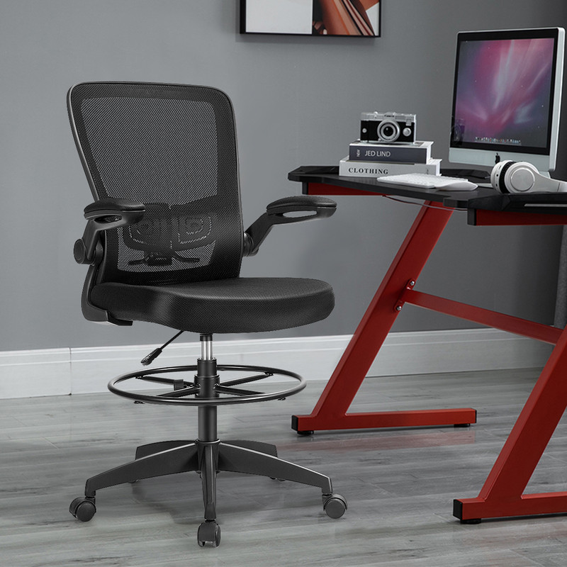 Ergonomic Height Adjustable Drafting Chair with Flip Arms & Foot Ring, Mesh Office Chair for Home & Studio Workstation