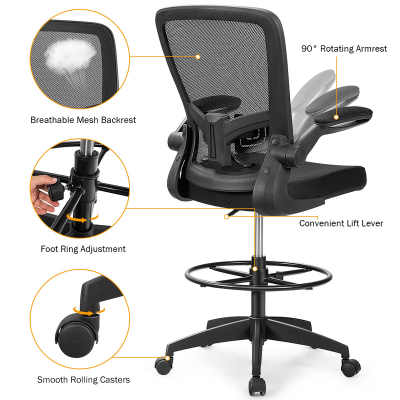 Ergonomic Height Adjustable Drafting Chair with Flip Arms & Foot Ring, Mesh Office Chair for Home & Studio Workstation