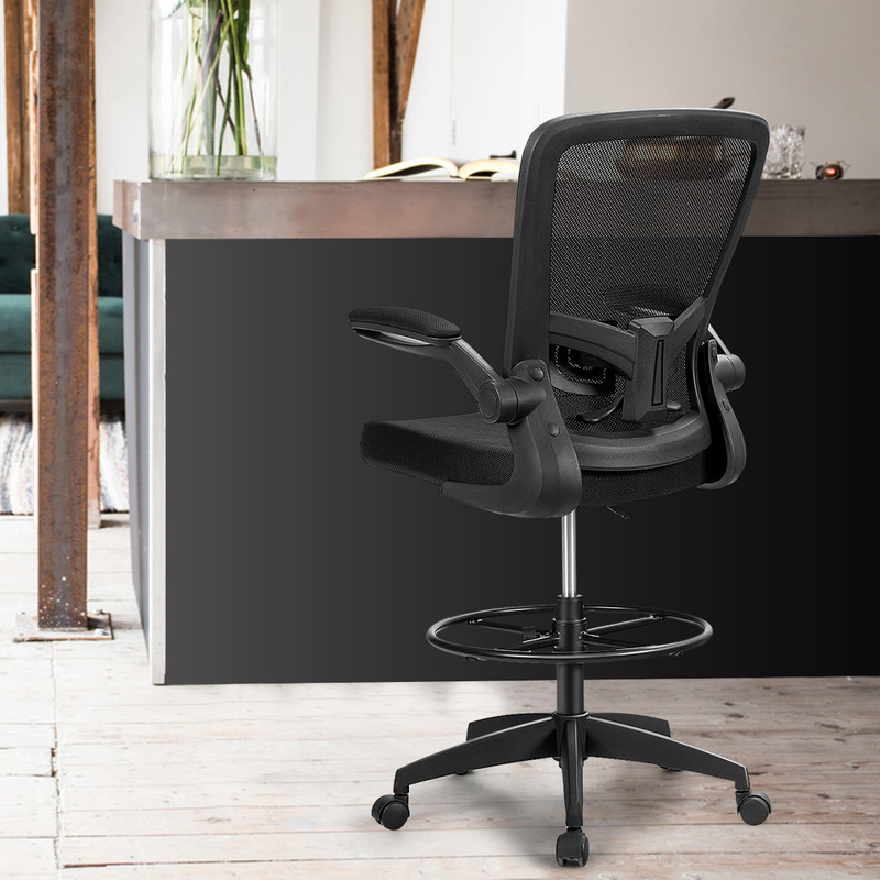 Ergonomic Height Adjustable Drafting Chair with Flip Arms & Foot Ring, Mesh Office Chair for Home & Studio Workstation