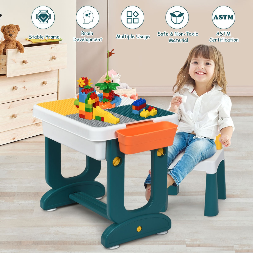 5-in-1 Kids Activity Table Set with Storage, Drawing Board & Block Play Surface, Multifunctional Educational Table