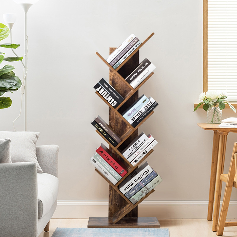 8-Tier Free Standing Tree Bookshelf, Space-Saving Wood Bookcase for Home Office Bedroom, Modern Vertical Display Shelf