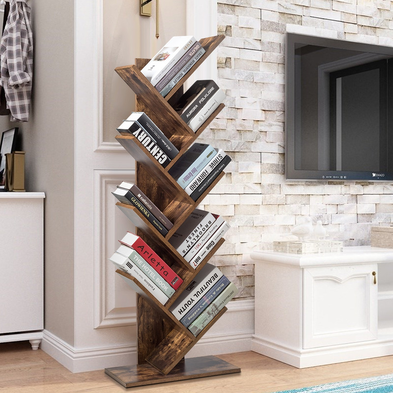 8-Tier Free Standing Tree Bookshelf, Space-Saving Wood Bookcase for Home Office Bedroom, Modern Vertical Display Shelf