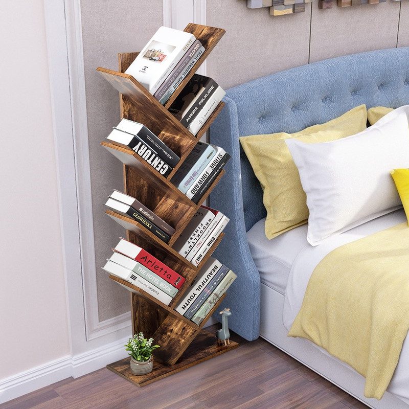 8-Tier Free Standing Tree Bookshelf, Space-Saving Wood Bookcase for Home Office Bedroom, Modern Vertical Display Shelf