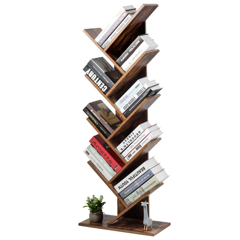 8-Tier Free Standing Tree Bookshelf, Space-Saving Wood Bookcase for Home Office Bedroom, Modern Vertical Display Shelf