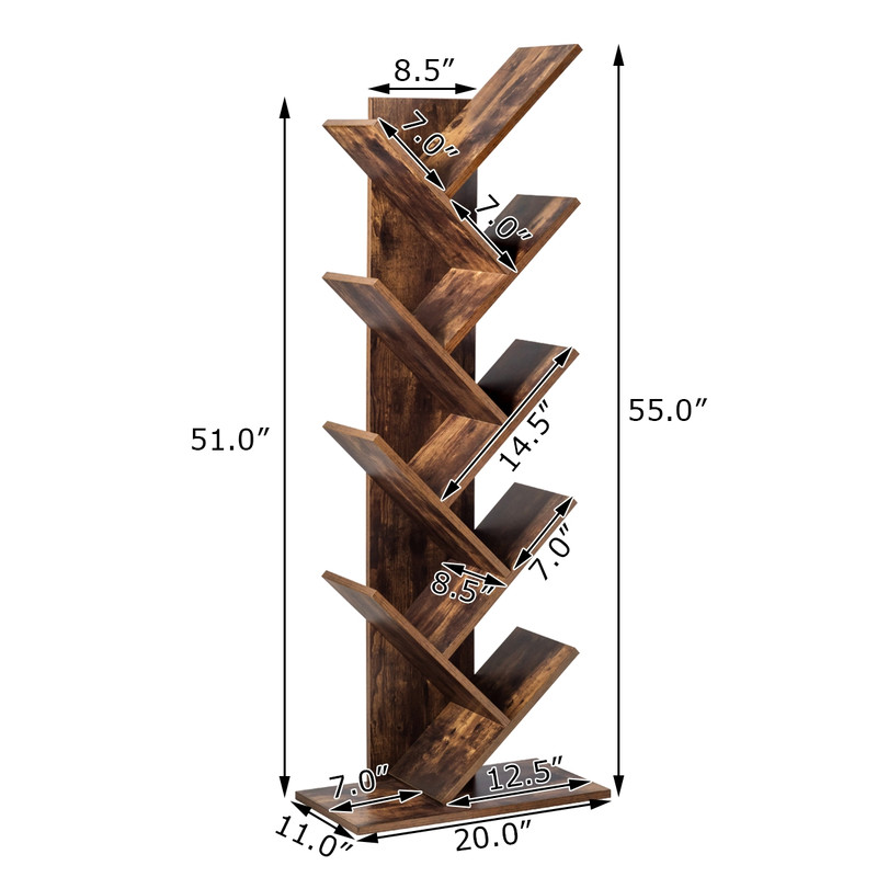 8-Tier Free Standing Tree Bookshelf, Space-Saving Wood Bookcase for Home Office Bedroom, Modern Vertical Display Shelf