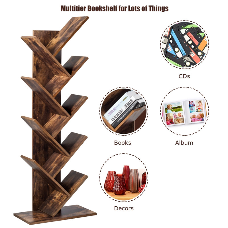8-Tier Free Standing Tree Bookshelf, Space-Saving Wood Bookcase for Home Office Bedroom, Modern Vertical Display Shelf