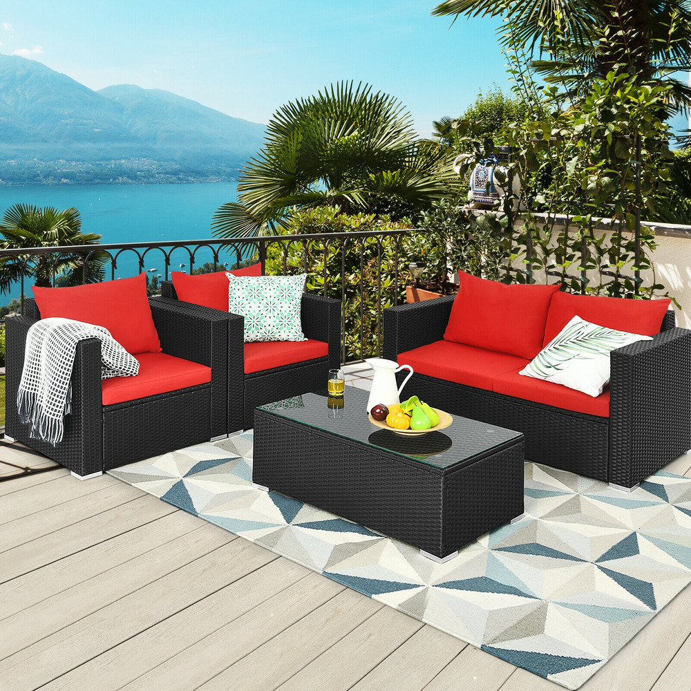 4 Pieces Patio Rattan Conversation Set with Padded Cushions, Outdoor Wicker Furniture Set with Coffee Table for Garden