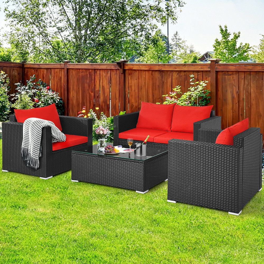 4 Pieces Patio Rattan Conversation Set with Padded Cushions, Outdoor Wicker Furniture Set with Coffee Table for Garden