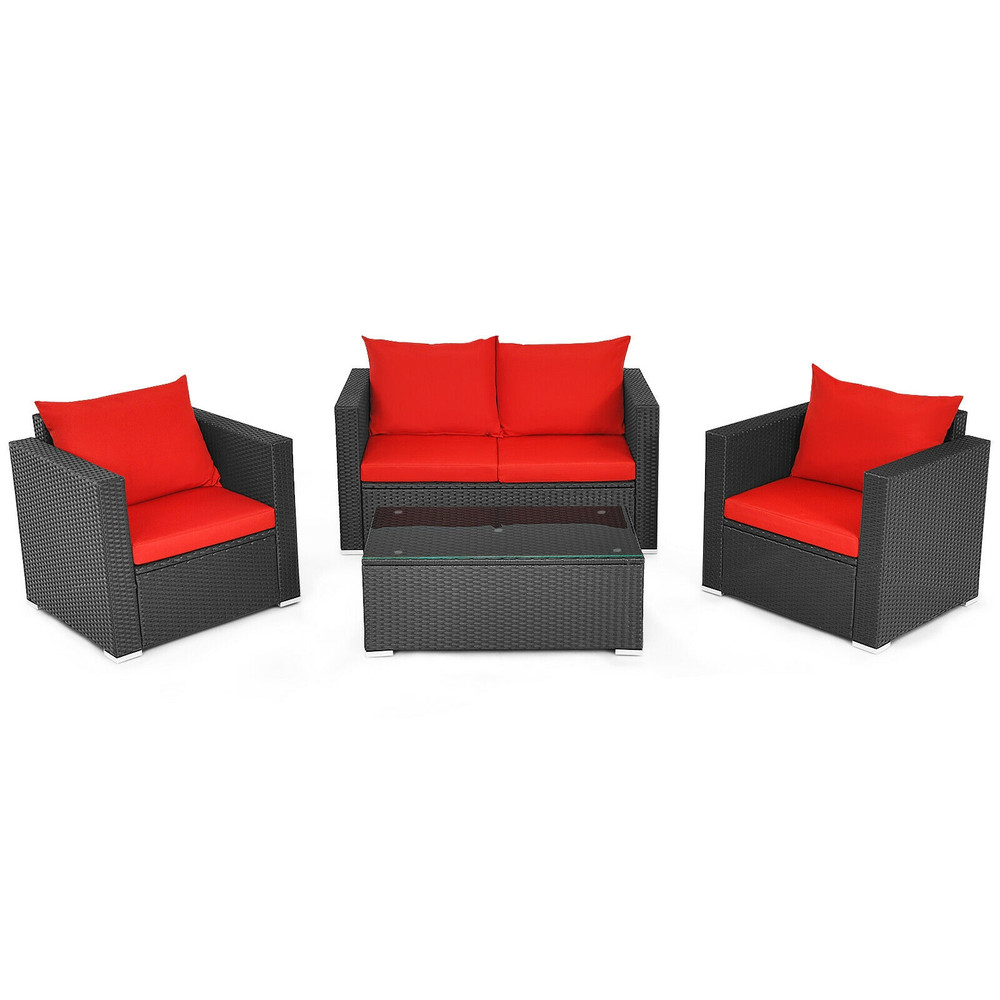 4 Pieces Patio Rattan Conversation Set with Padded Cushions, Outdoor Wicker Furniture Set with Coffee Table for Garden