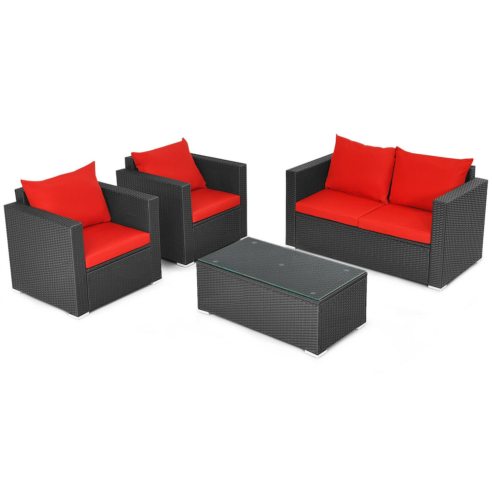 4 Pieces Patio Rattan Conversation Set with Padded Cushions, Outdoor Wicker Furniture Set with Coffee Table for Garden