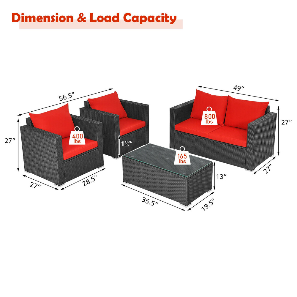 4 Pieces Patio Rattan Conversation Set with Padded Cushions, Outdoor Wicker Furniture Set with Coffee Table for Garden