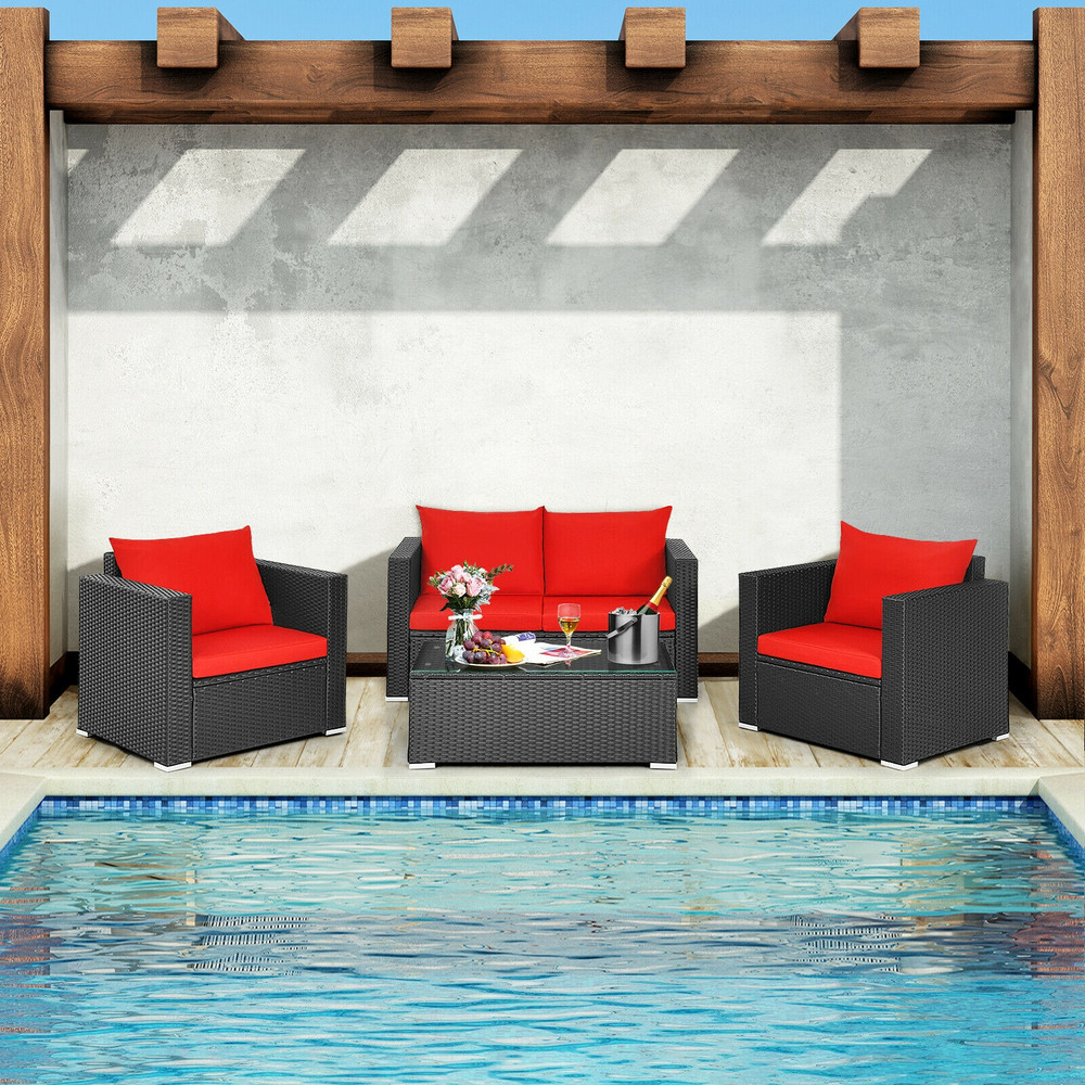 4 Pieces Patio Rattan Conversation Set with Padded Cushions, Outdoor Wicker Furniture Set with Coffee Table for Garden