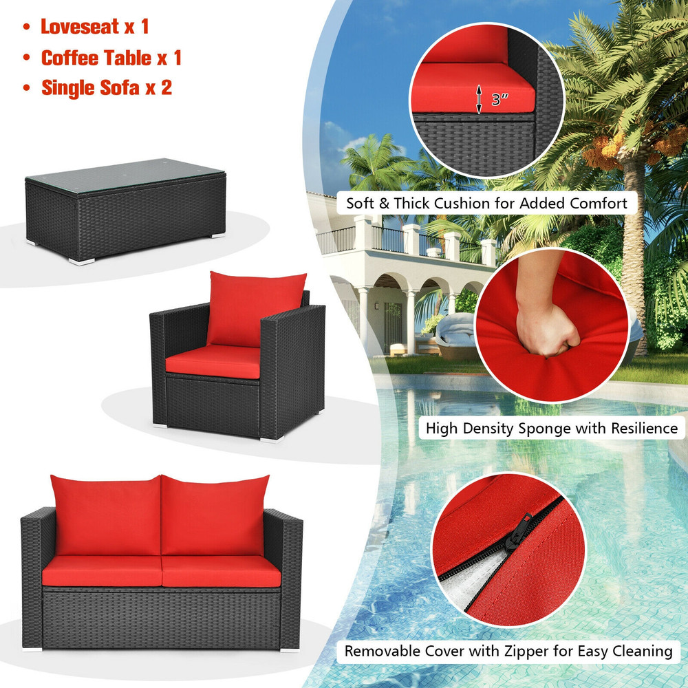 4 Pieces Patio Rattan Conversation Set with Padded Cushions, Outdoor Wicker Furniture Set with Coffee Table for Garden