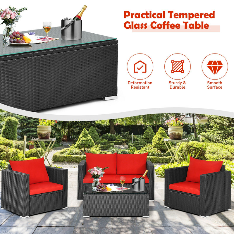 4 Pieces Patio Rattan Conversation Set with Padded Cushions, Outdoor Wicker Furniture Set with Coffee Table for Garden