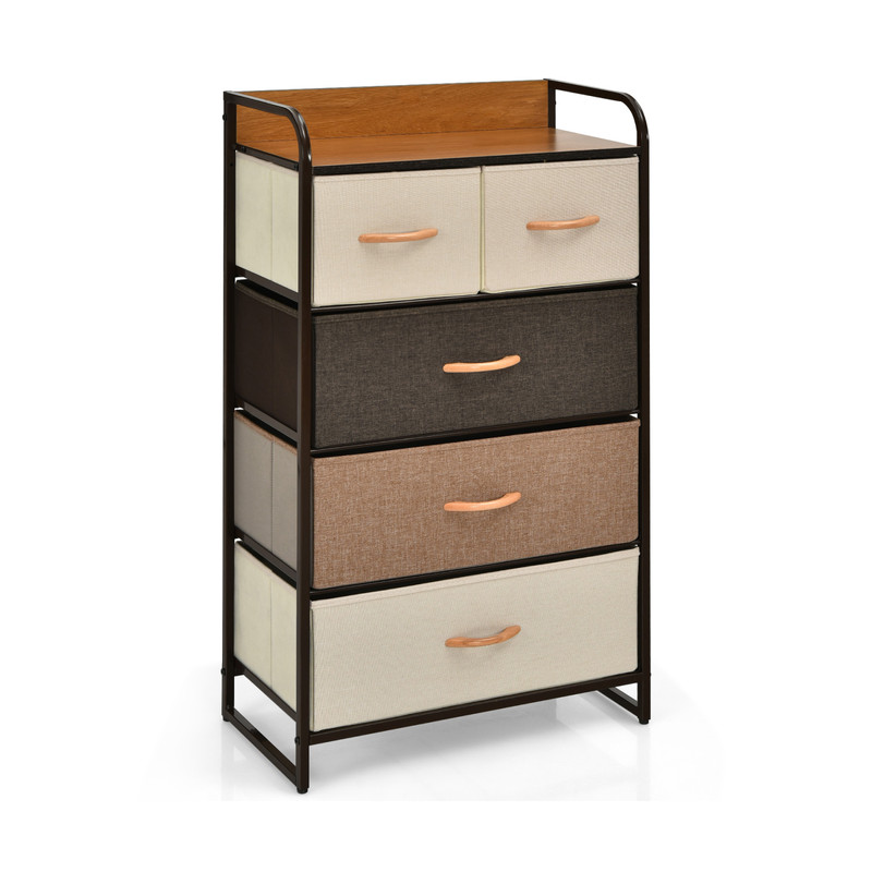 4-Tier Organizer Tower Steel Frame Wooden Top Storage Unit with 5-Drawer Dresser for Bedroom Closet Entryway