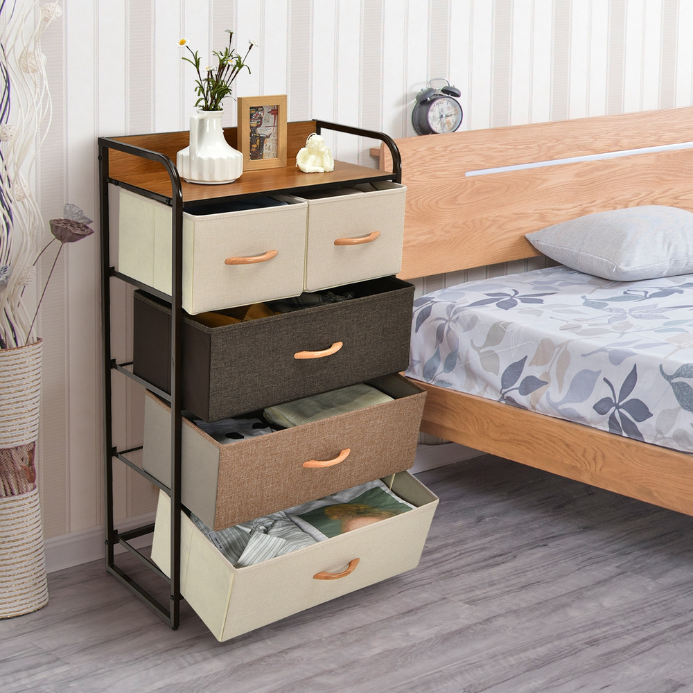 4-Tier Organizer Tower Steel Frame Wooden Top Storage Unit with 5-Drawer Dresser for Bedroom Closet Entryway