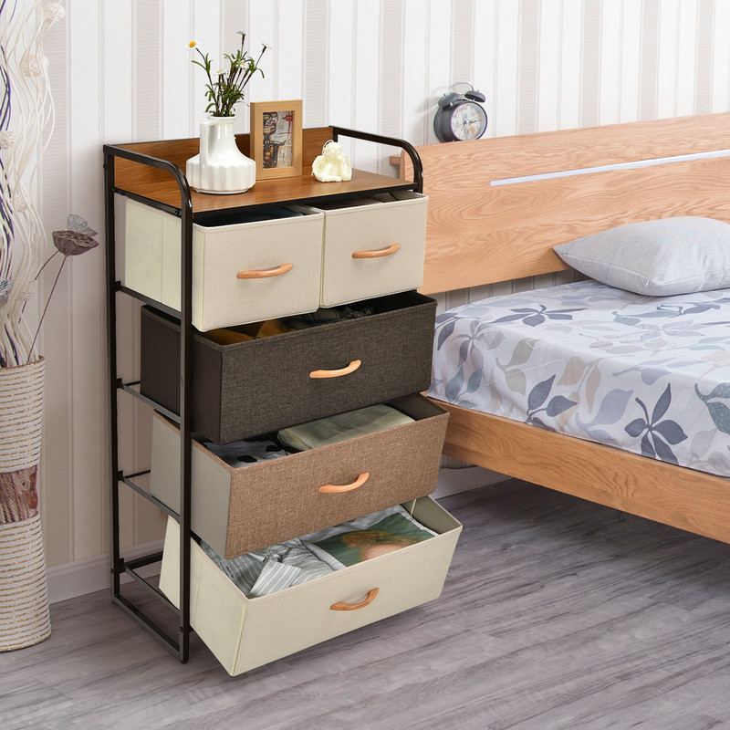 4-Tier Organizer Tower Steel Frame Wooden Top Storage Unit with 5-Drawer Dresser for Bedroom Closet Entryway