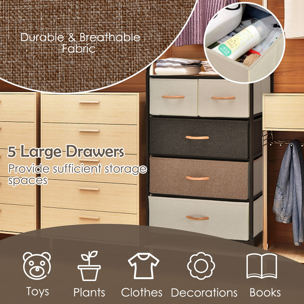 4-Tier Organizer Tower Steel Frame Wooden Top Storage Unit with 5-Drawer Dresser for Bedroom Closet Entryway