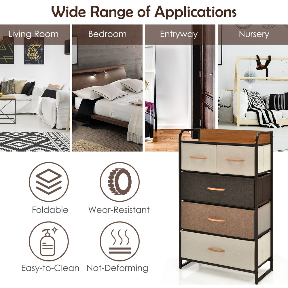 4-Tier Organizer Tower Steel Frame Wooden Top Storage Unit with 5-Drawer Dresser for Bedroom Closet Entryway