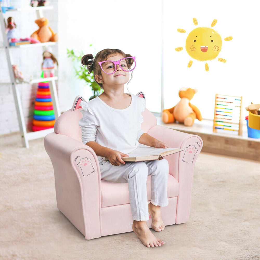 Kids Upholstered Cat Armrest Couch Sofa with Linen Fabric, Cute Toddler Lounge Chair for Reading, Playing & Napping